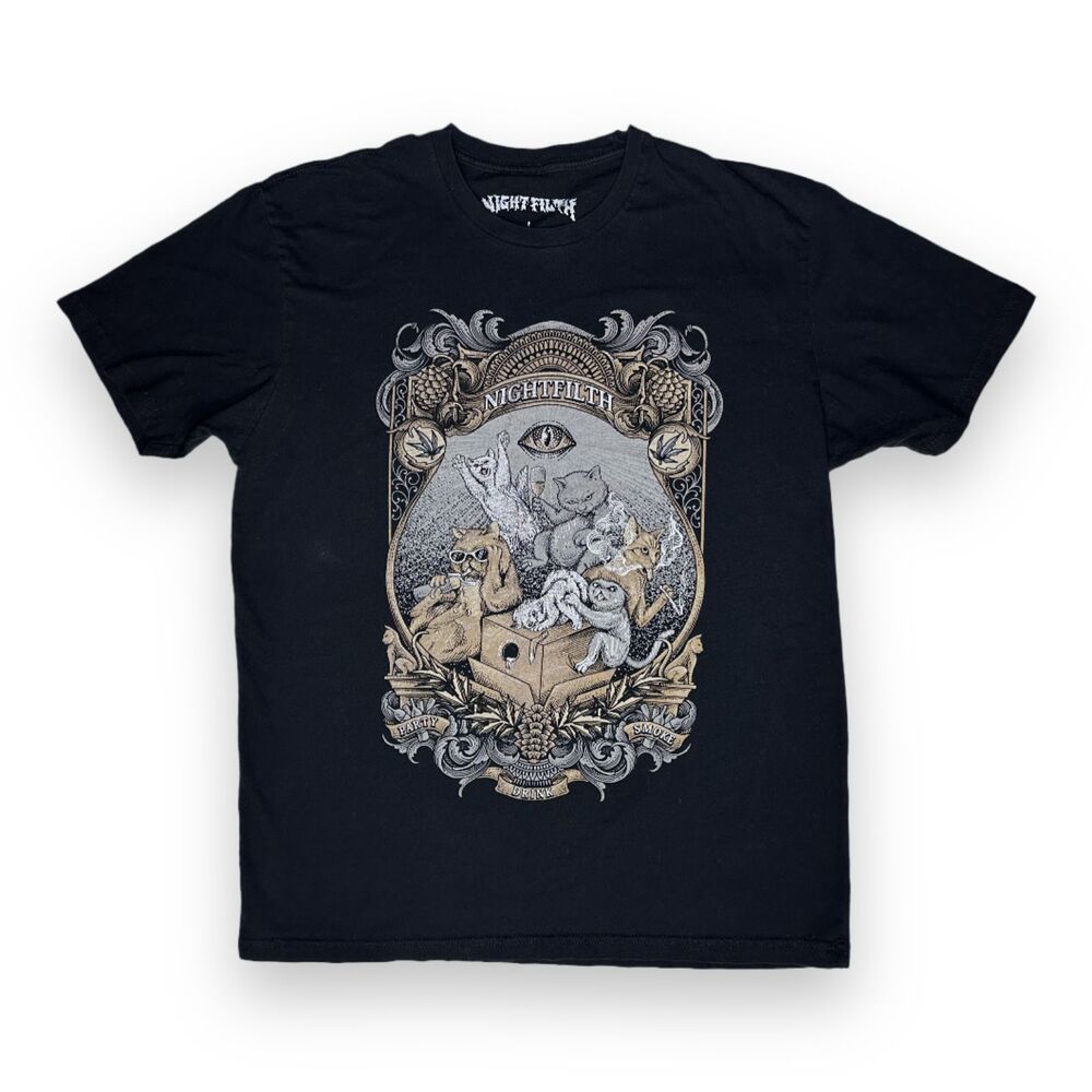 Nightfilth Y2K Cat Party Black Graphic Tee in Vintage Tattoo Style Uni Sz Large